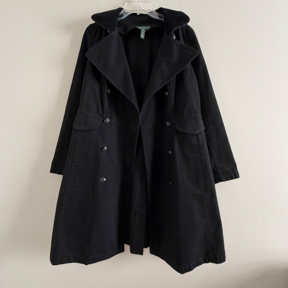VTG Ralph Lauren Black Velvet Trim Double Breasted Denim Trench Coat L Y2K
